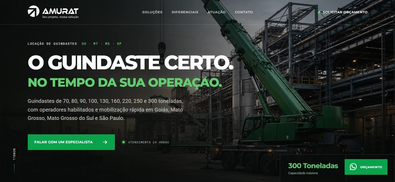 Página da Amurat, locação de guindastes, com fotografia industrial e destaque em verde