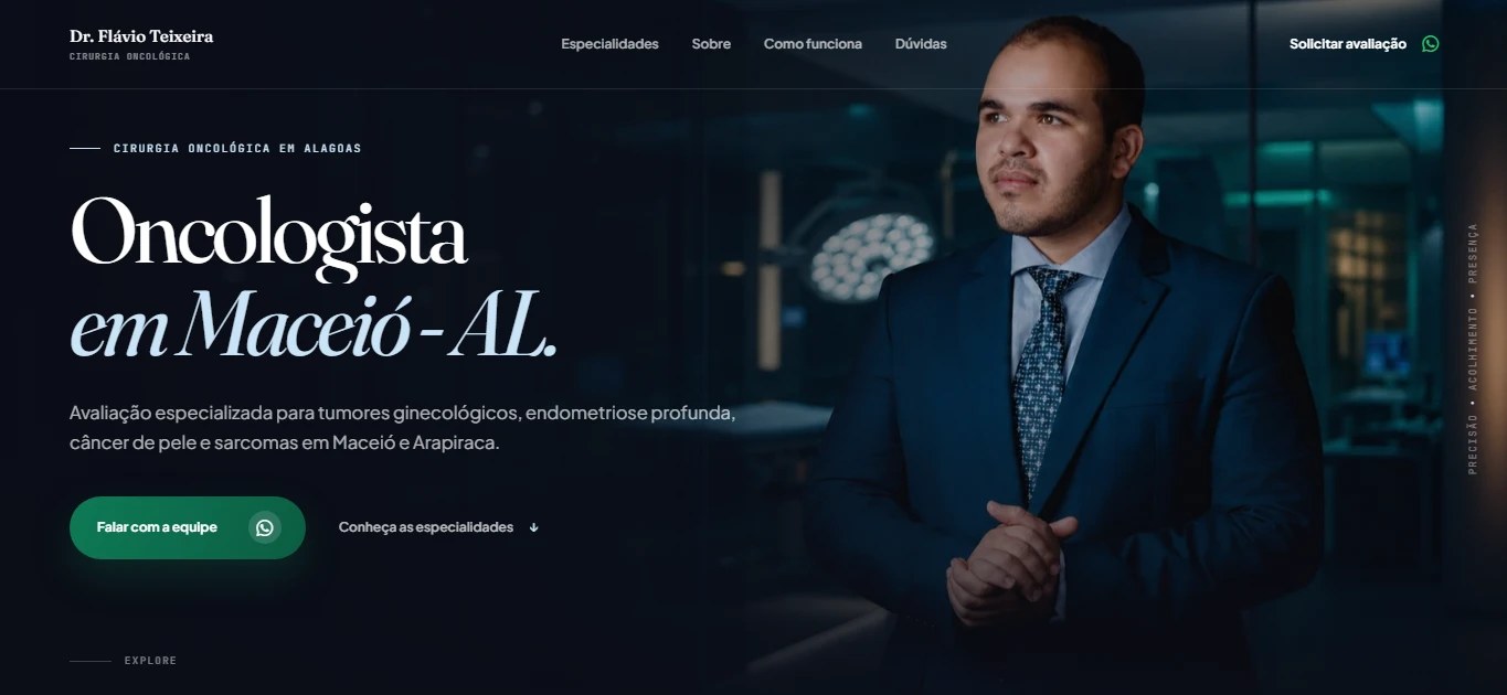 Página do Dr. Flávio Teixeira, cirurgião oncológico, com visual sóbrio em tons escuros