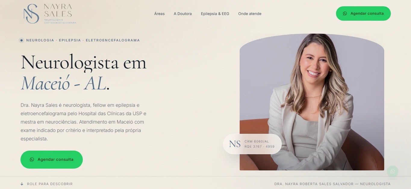 Página da Dra. Nayra Sales, neurologista, com visual claro e elegante